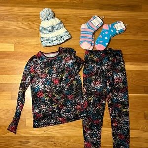 Winter ski long-johns top and bottoms, hat, fuzzy socks